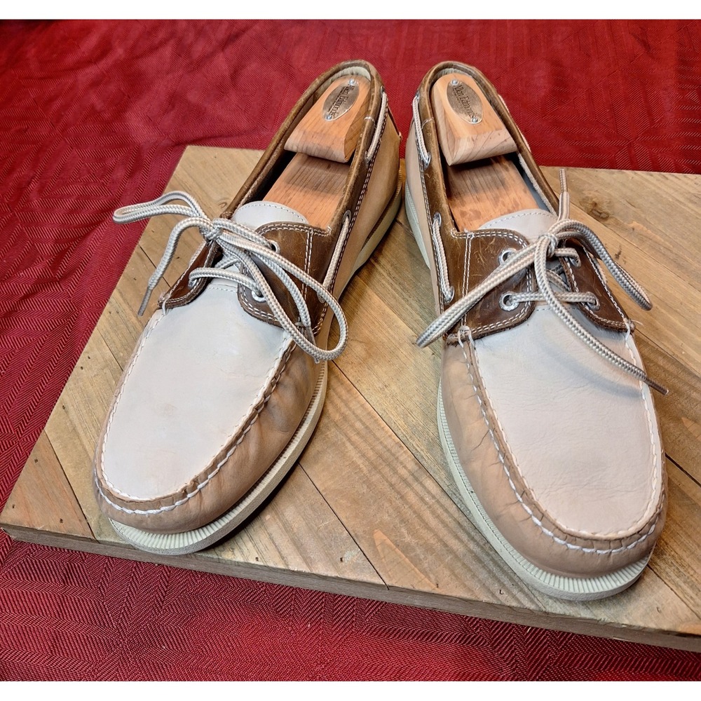 Dockers Mens Castaway Boat Shoes Tan Cream Leather Moc Toe Loafers Size 12
